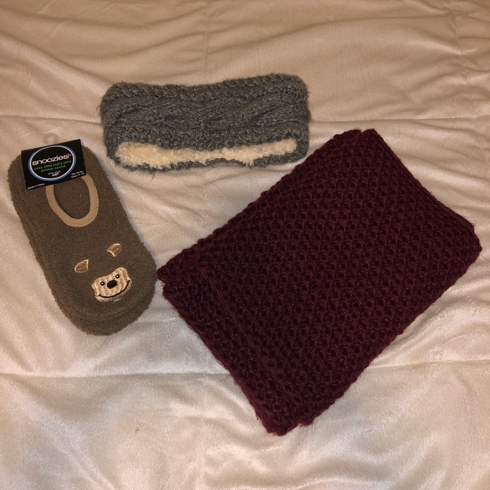 winter essentials! Scarf, fuzzy socks, & headband